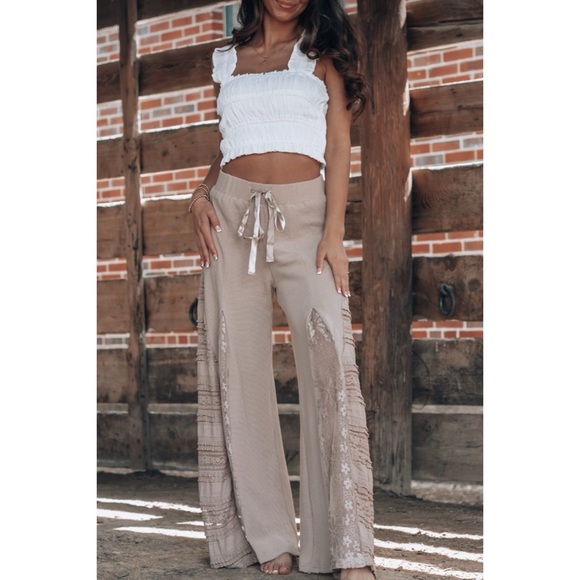 POL Mocha Latte Stretch Knit Lace Panel Wide Leg Pants - Picture 10 of 14